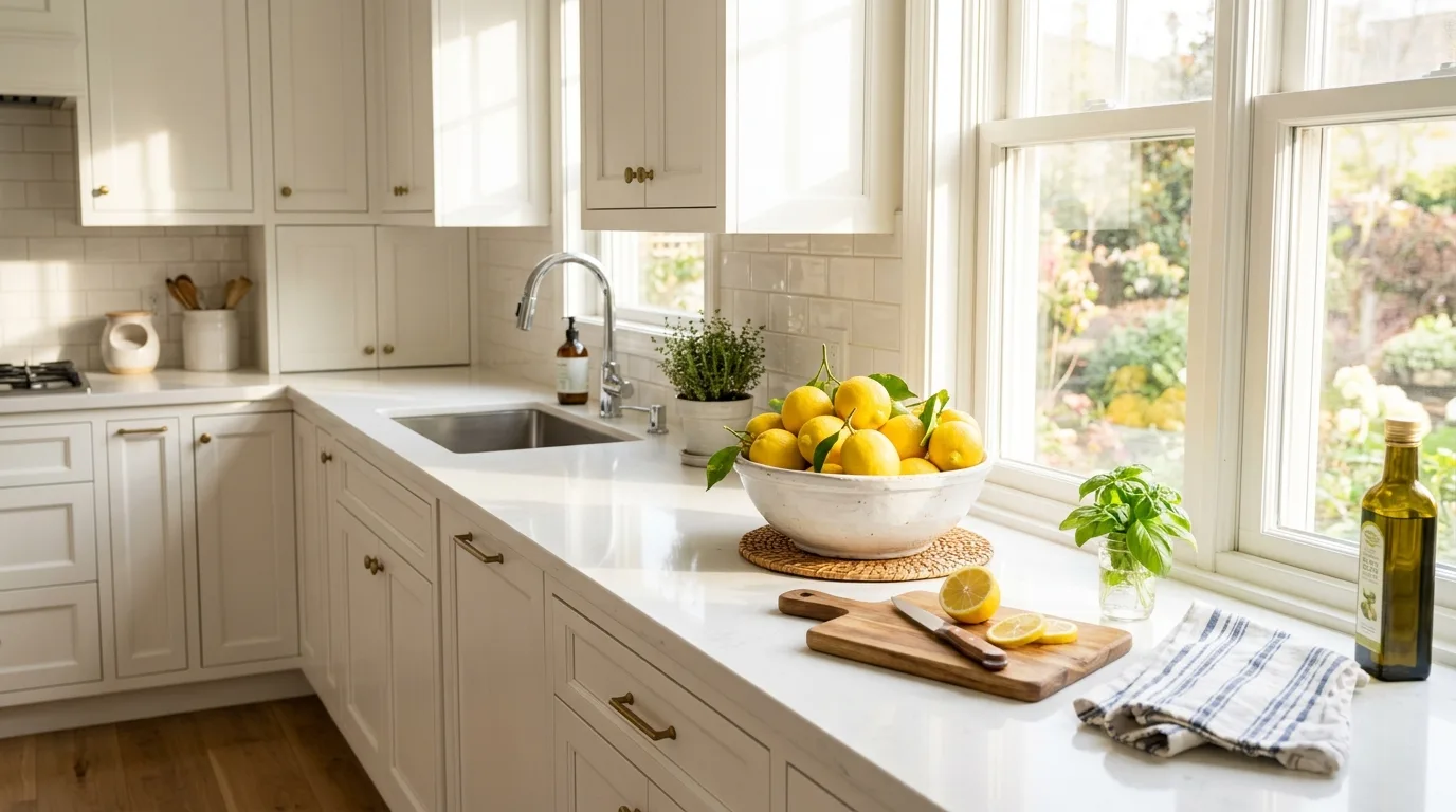 Kitchen counter styled with fresh lemons and spring decor